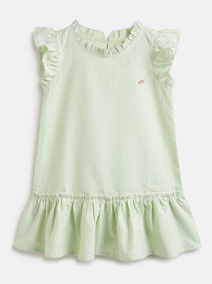 Soothing Stripes Frill Sleeves Dress for Girls (Green)