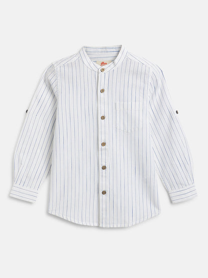 The Timeless Roll-up Sleeve Shirt for Boys (White with Blue Stripes)