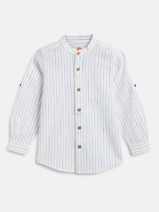 The Timeless Roll-up Sleeve Shirt for Boys (White with Blue Stripes)