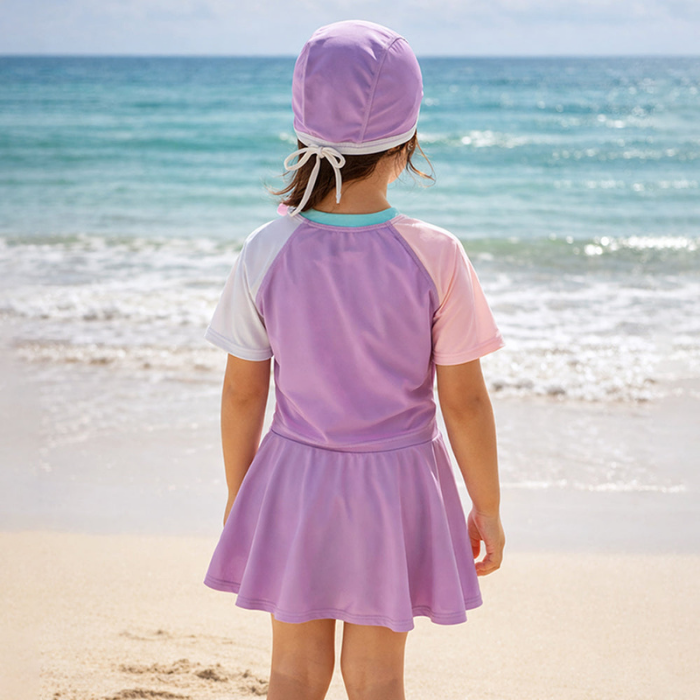 2 Pcs Top & Skort Set Purple "Home Painter" Rabbit Print UPF 50+ Swimwear with Matching Swim Cap for Girls With Free Wash Bag