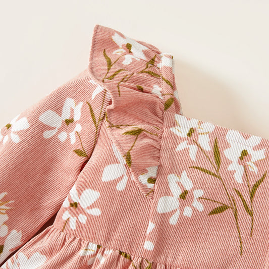 Baby Girl Floral Long-Sleeve Ruffle-Collar Dress – Pink