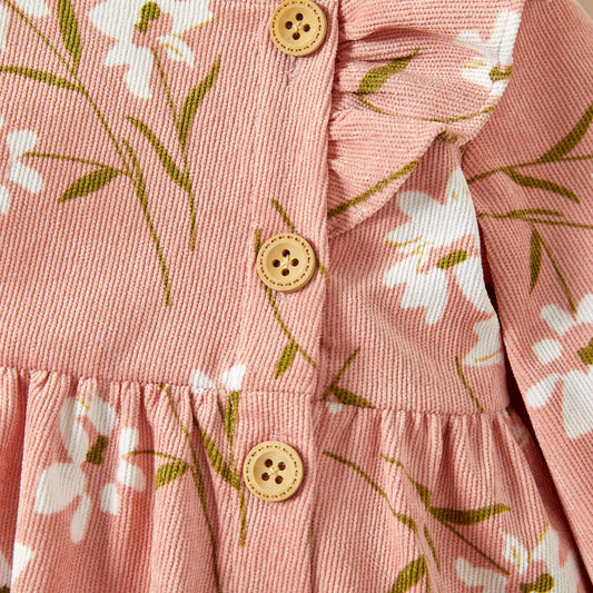 Baby Girl Floral Long-Sleeve Ruffle-Collar Dress – Pink