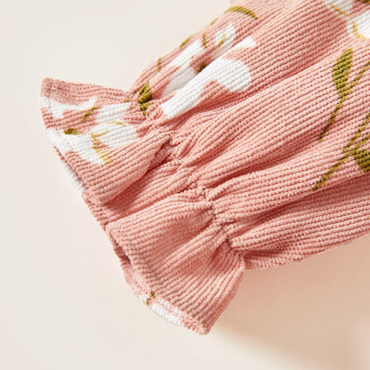 Baby Girl Floral Long-Sleeve Ruffle-Collar Dress – Pink