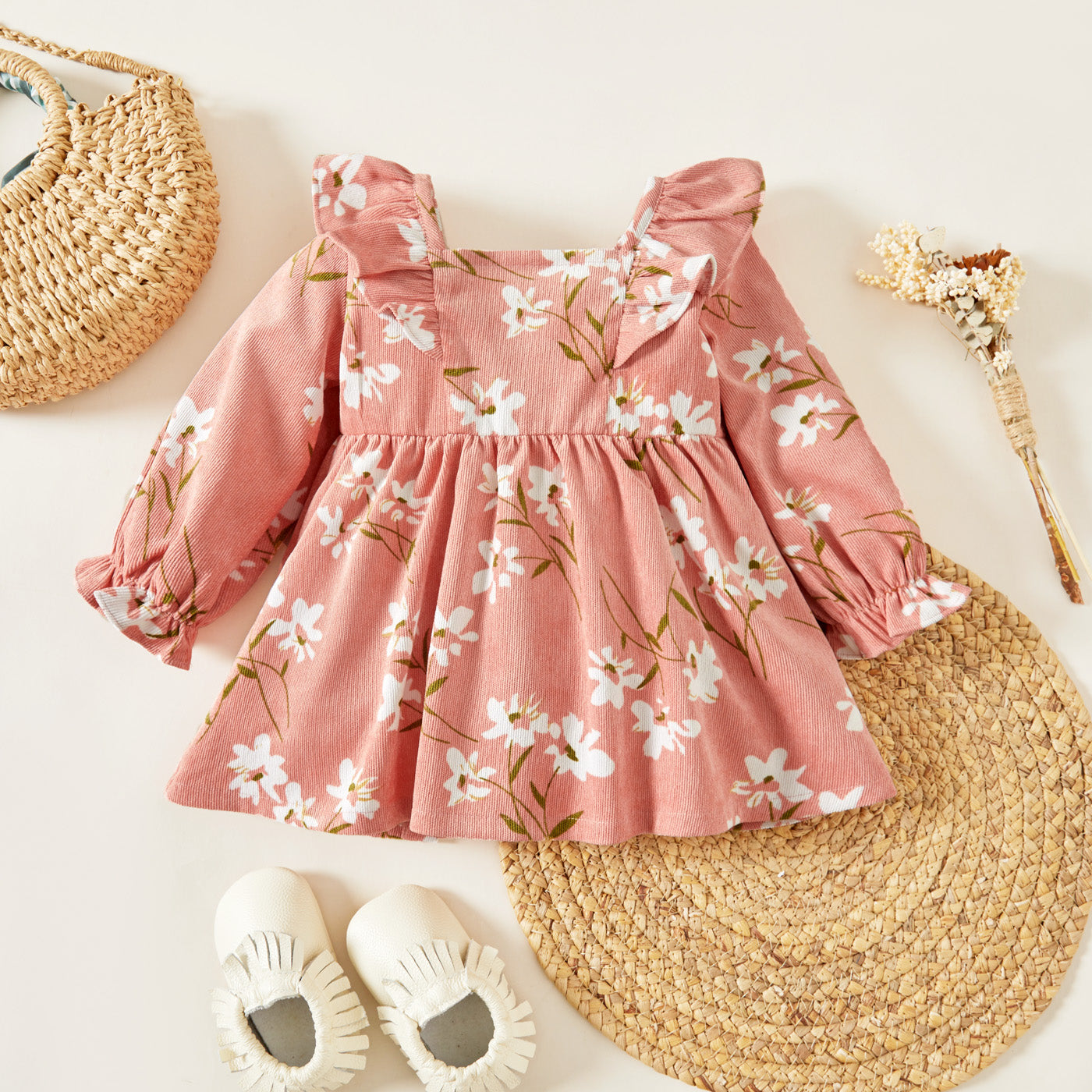 Baby Girl Floral Long-Sleeve Ruffle-Collar Dress – Pink