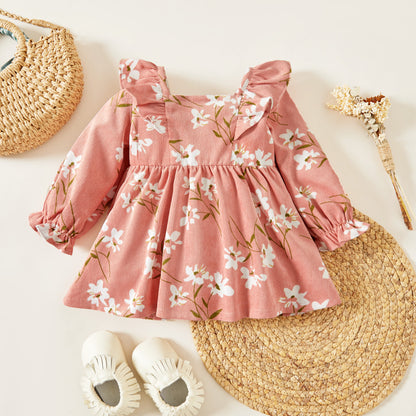 Baby Girl Floral Long-Sleeve Ruffle-Collar Dress – Pink