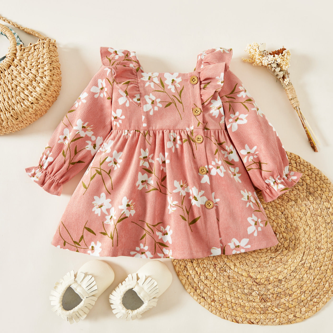 Baby Girl Floral Long-Sleeve Ruffle-Collar Dress – Pink