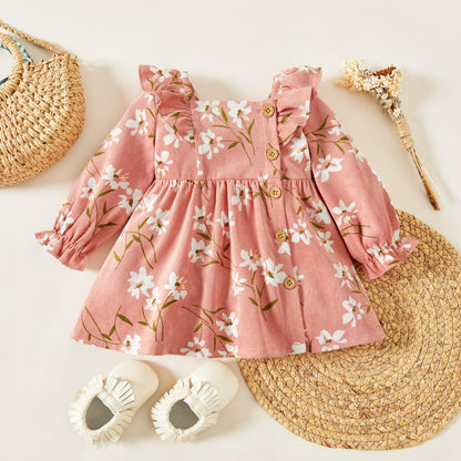 Baby Girl Floral Long-Sleeve Ruffle-Collar Dress – Pink