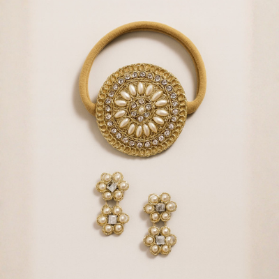 Choko Gold Pearl Medallion Headband with Matching Hair Clips Set for Girls Festive Styling