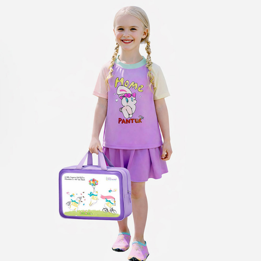 2 Pcs Top & Skort Set Purple "Home Painter" Rabbit Print UPF 50+ Swimwear with Matching Swim Cap for Girls With Free Wash Bag