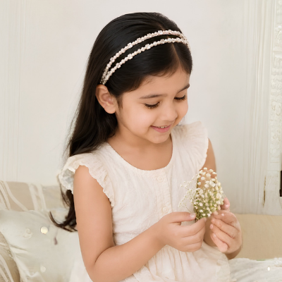 Young girl wearing a pearl headband and holding a small bouquet of flowers, sitting on a couch.