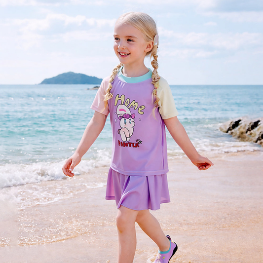 2 Pcs Top & Skort Set Purple "Home Painter" Rabbit Print UPF 50+ Swimwear with Matching Swim Cap for Girls With Free Wash Bag