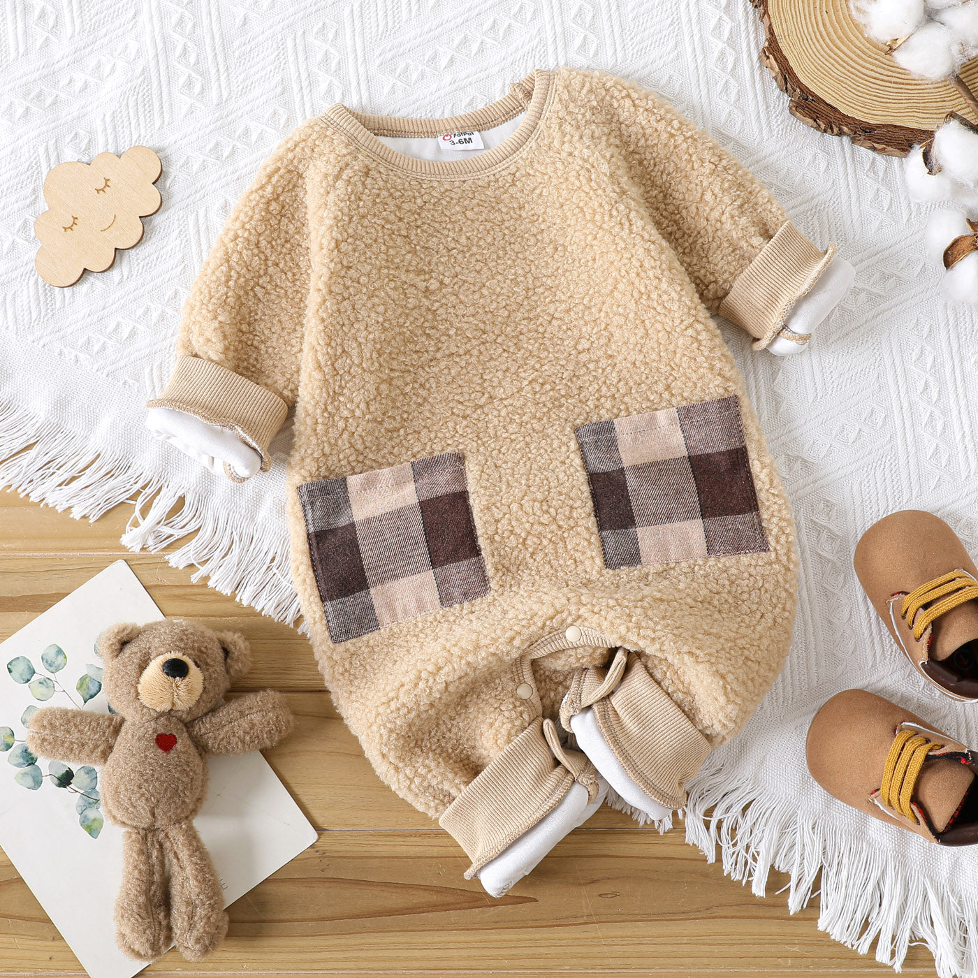 Unisex Baby Fuzzy Romper with Check Pockets – Brown