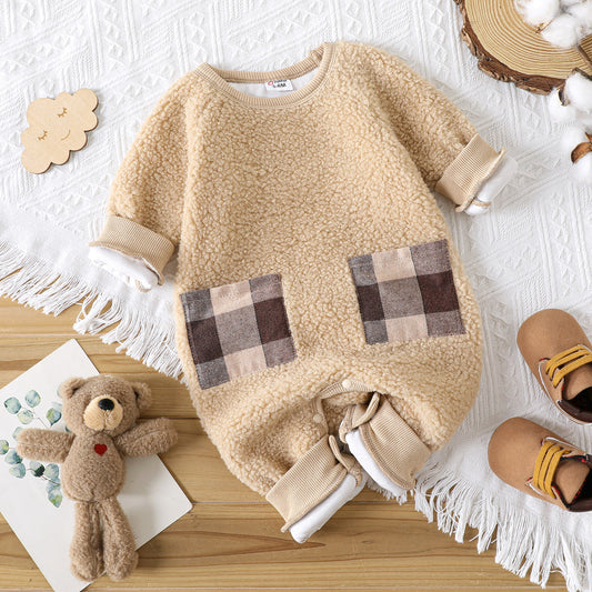 Unisex Baby Fuzzy Romper with Check Pockets – Brown