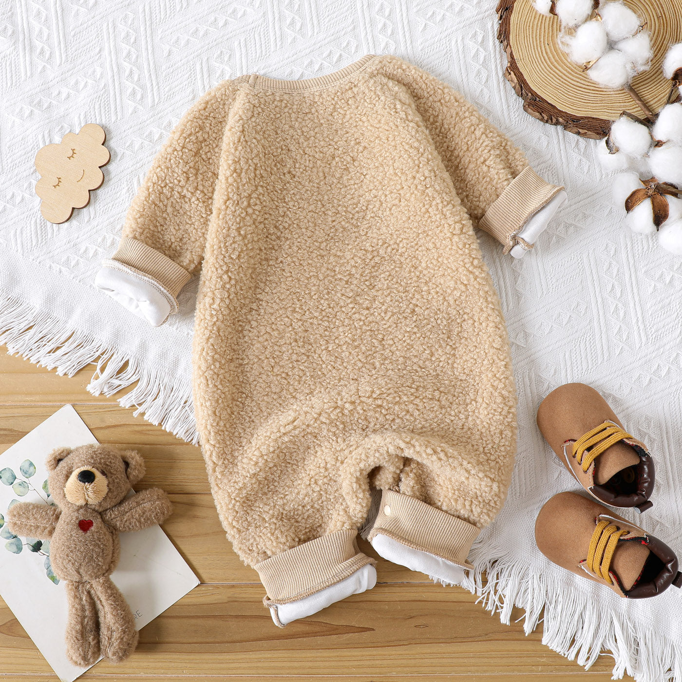 Unisex Baby Fuzzy Romper with Check Pockets – Brown