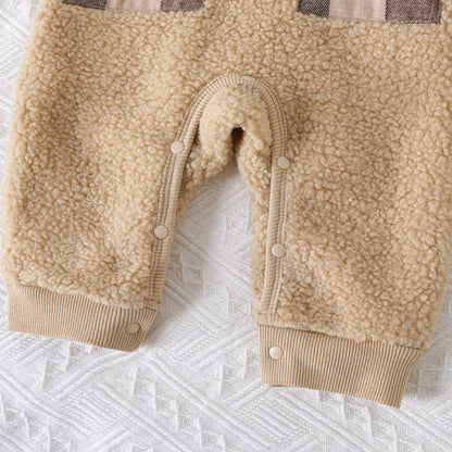 Unisex Baby Fuzzy Romper with Check Pockets – Brown