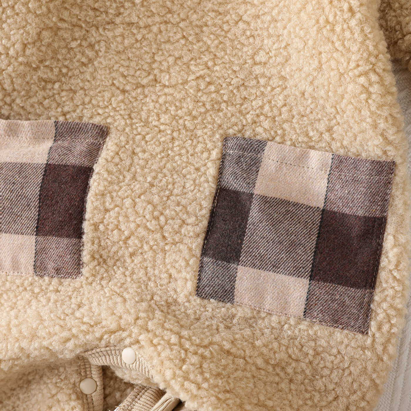 Unisex Baby Fuzzy Romper with Check Pockets – Brown