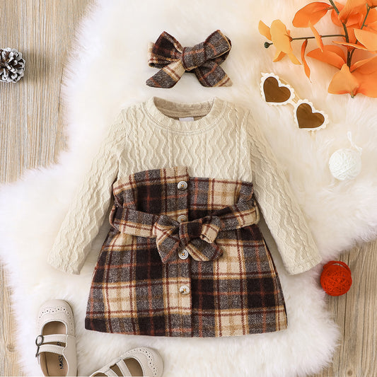 check printed warm frock with headband Brown Dresses for kids