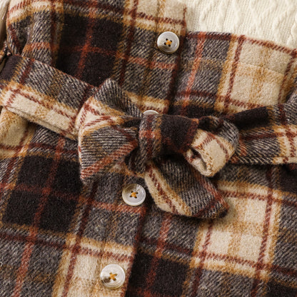 check printed warm frock with headband Brown Dresses for kids