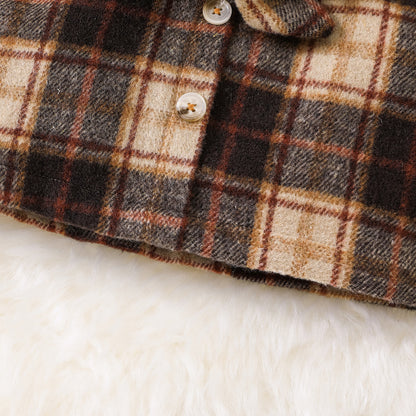 check printed warm frock with headband Brown Dresses for kids