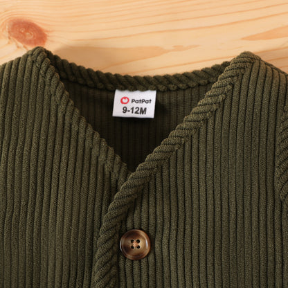 Baby Boy Checked Shirt, Pants and Corduroy Jacket Set – Green