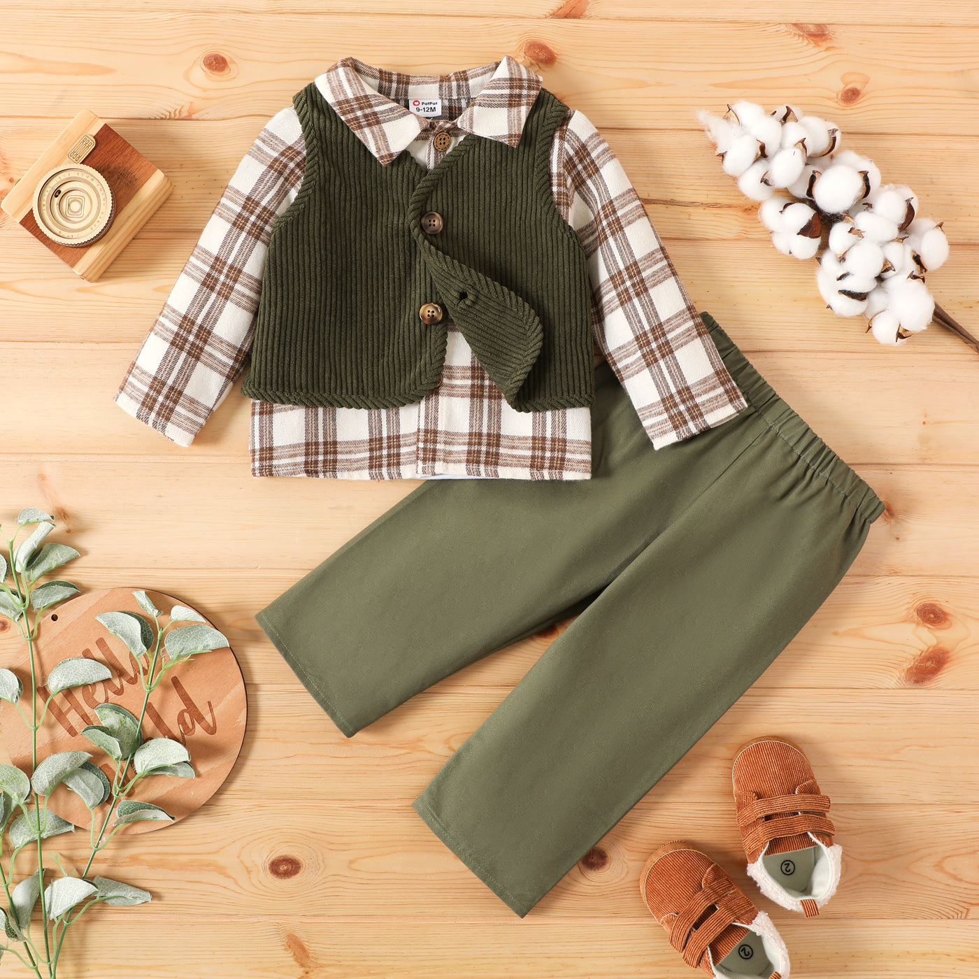 Baby Boy Checked Shirt, Pants and Corduroy Jacket Set – Green