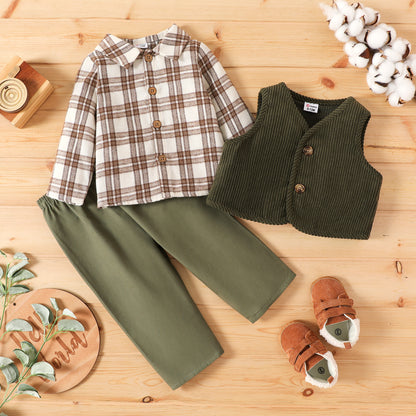 Baby Boy Checked Shirt, Pants and Corduroy Jacket Set – Green