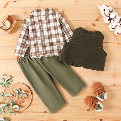 Baby Boy Checked Shirt, Pants and Corduroy Jacket Set – Green