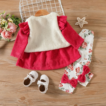 Baby girl 3 pc set with fuzzy half jacket Red for kids