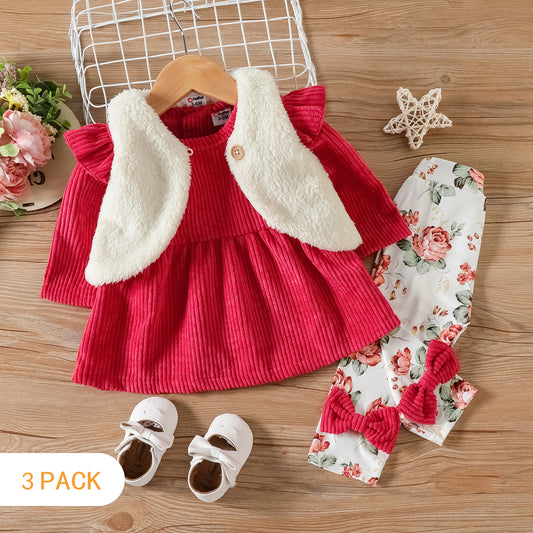 Baby girl 3 pc set with fuzzy half jacket Red for kids