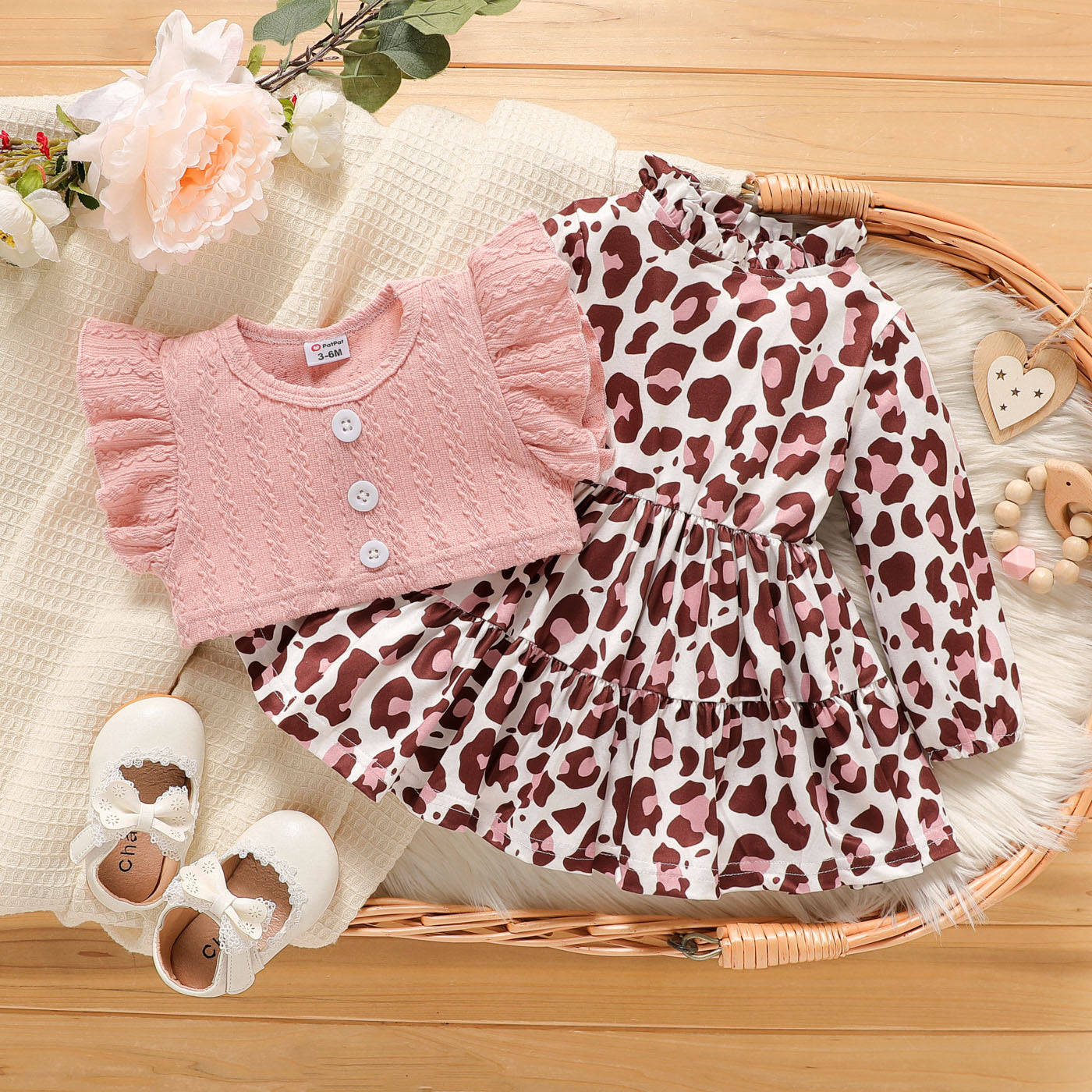 Baby girl leopard printed frock with cotton cardigan Multicolor Dress for kids