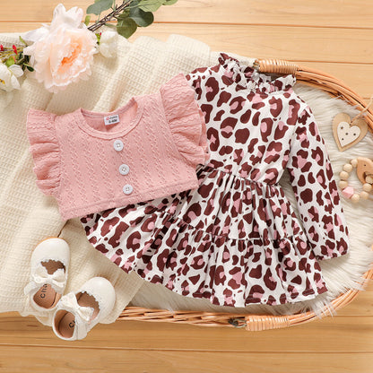 Baby girl leopard printed frock with cotton cardigan Multicolor Dress for kids