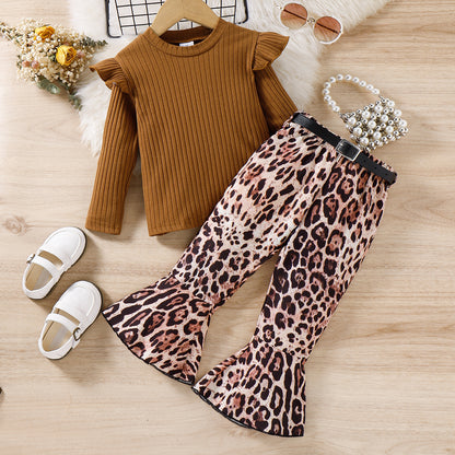 Toddler girl belted smart leopard print set Brown for kids