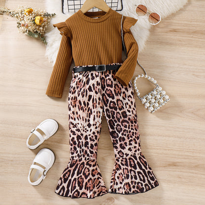 Toddler girl belted smart leopard print set Brown for kids