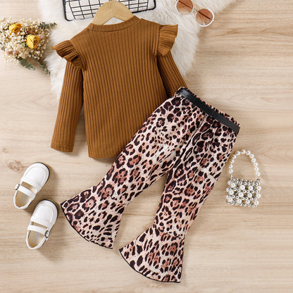 Toddler girl belted smart leopard print set Brown for kids