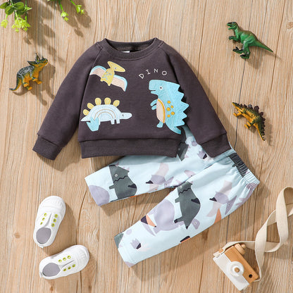 Baby boy dinosaur printed cotton sweatshirt and pant set Multicolor for kids
