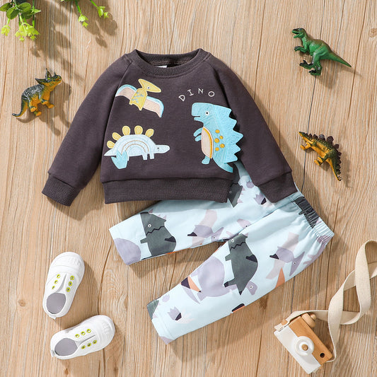 Baby boy dinosaur printed cotton sweatshirt and pant set Multicolor for kids