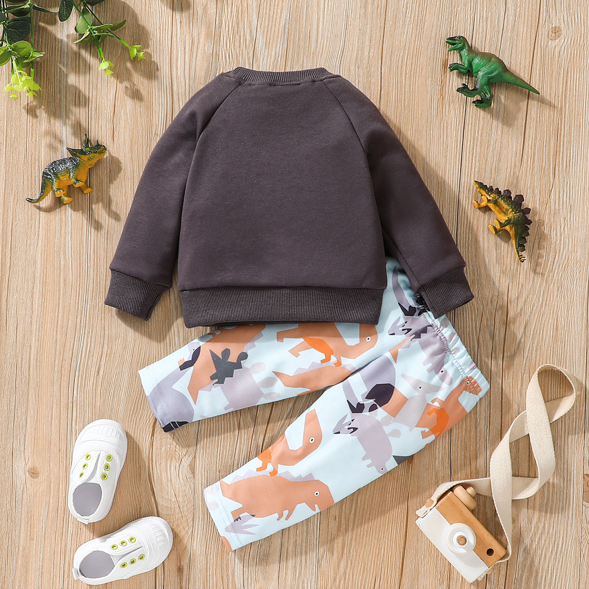 Baby boy dinosaur printed cotton sweatshirt and pant set Multicolor for kids