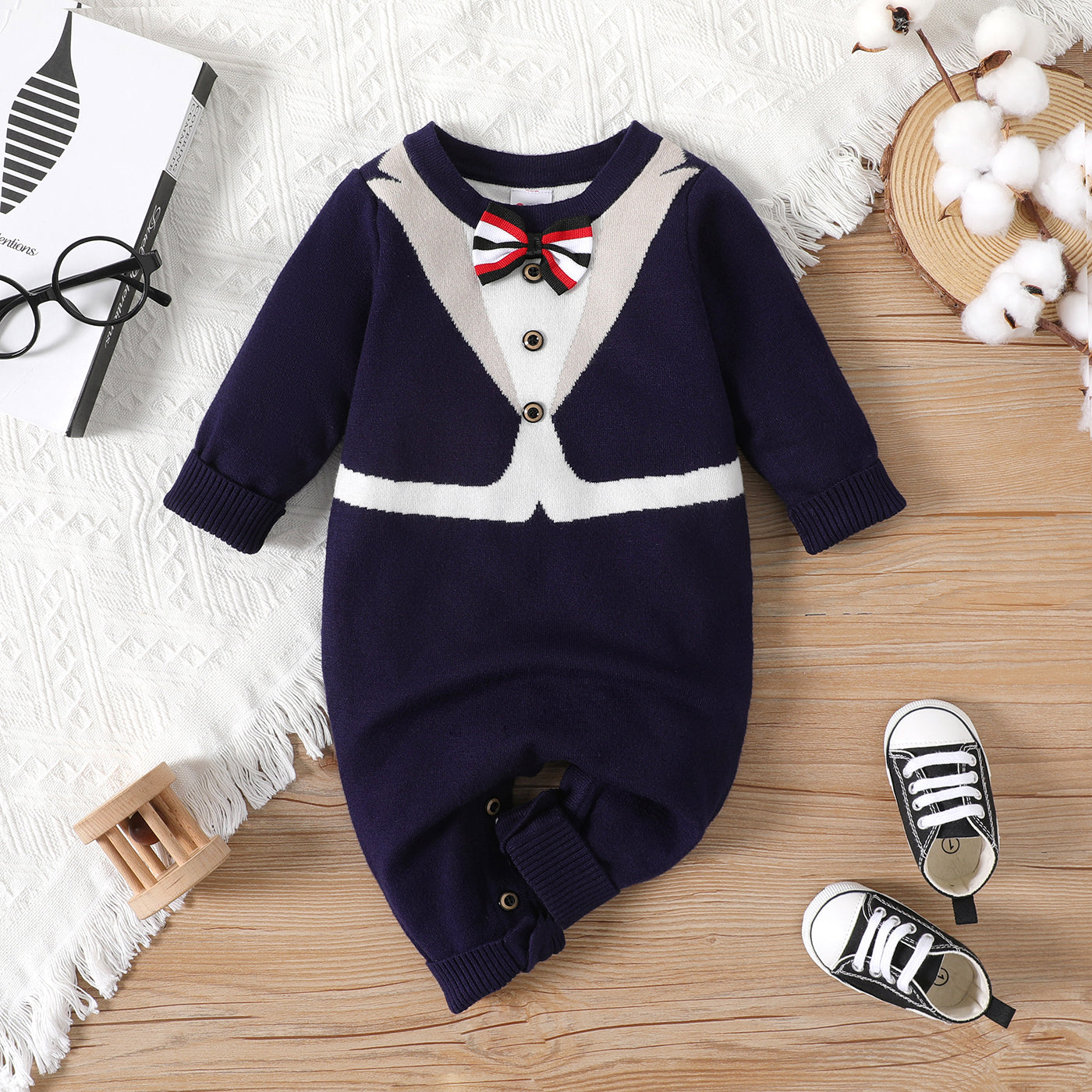 Baby Boy Gentleman Style Romper With Light Fleece