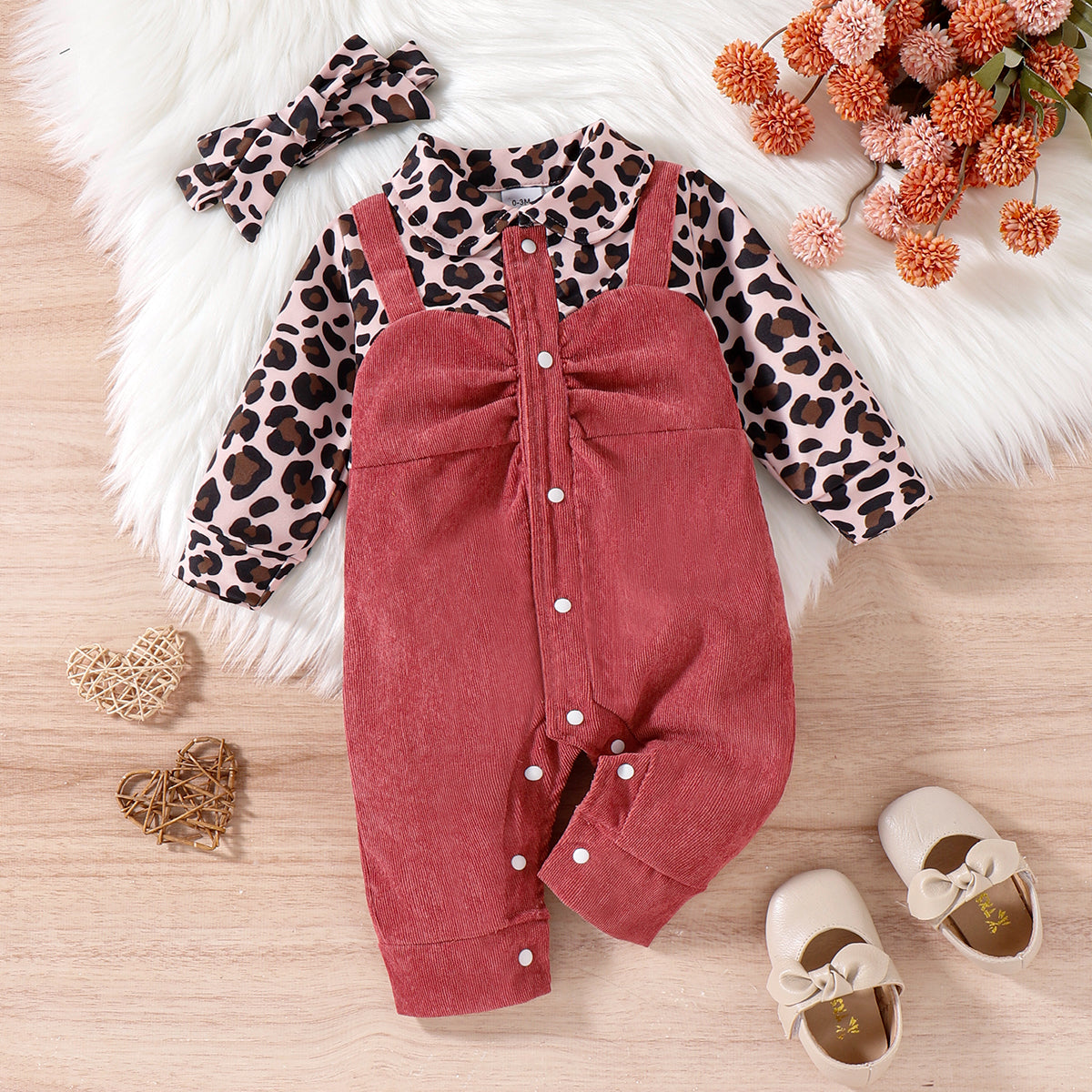 Baby girl leopard style corduroy romper with matching headband