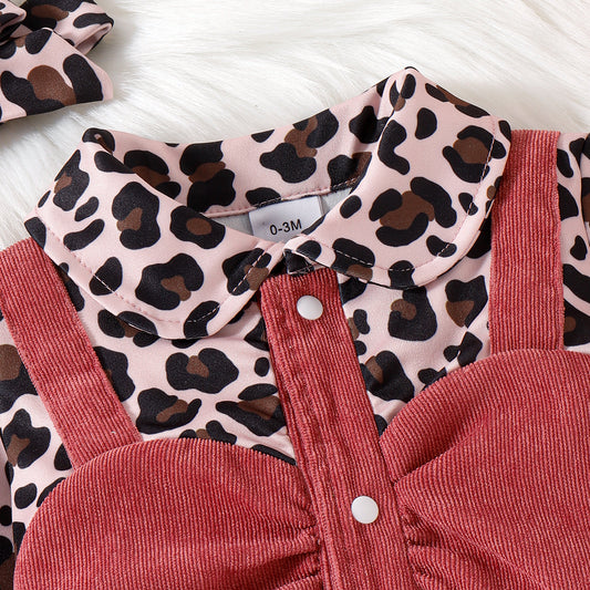 Baby girl leopard style corduroy romper with matching headband