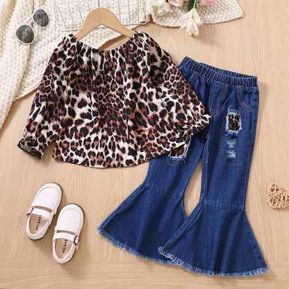 Toddler girl 2pc leopard top with flared jeans set Brown for kids