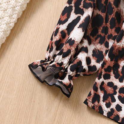 Toddler girl 2pc leopard top with flared jeans set Brown for kids