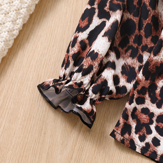 Toddler girl 2pc leopard top with flared jeans set Brown for kids