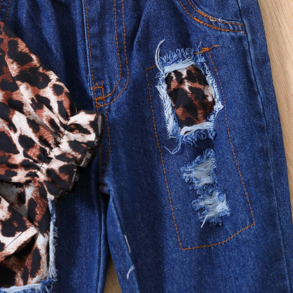 Toddler girl 2pc leopard top with flared jeans set Brown for kids
