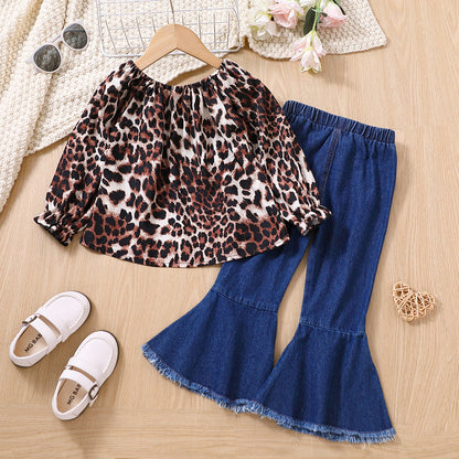 Toddler girl 2pc leopard top with flared jeans set Brown for kids