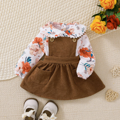 baby girl 2pc floral top corduroy suspender skirt Brown Set for kids