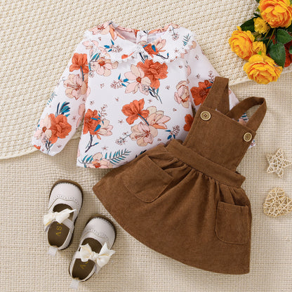 baby girl 2pc floral top corduroy suspender skirt Brown Set for kids