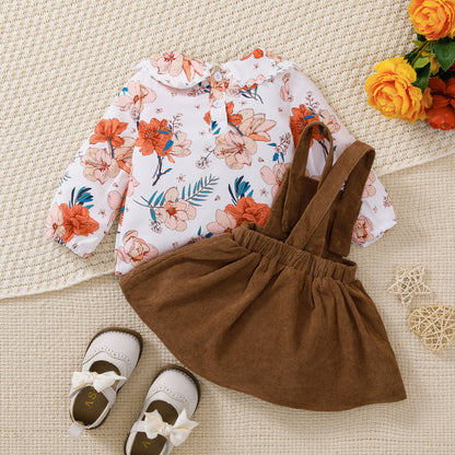 baby girl 2pc floral top corduroy suspender skirt Brown Set for kids