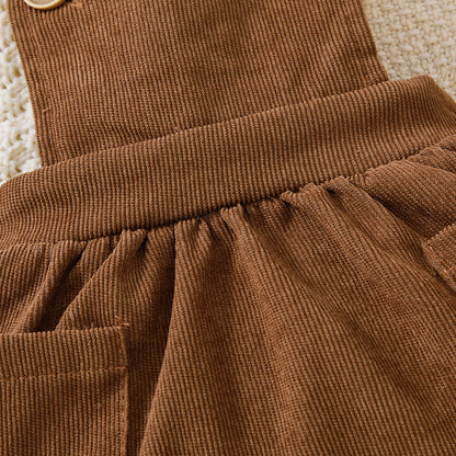 baby girl 2pc floral top corduroy suspender skirt Brown Set for kids