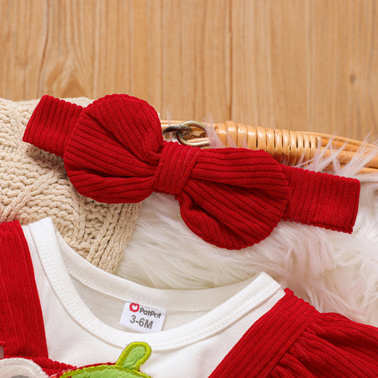 3pc teddy bear printed frock with headband Red Dresses for kids